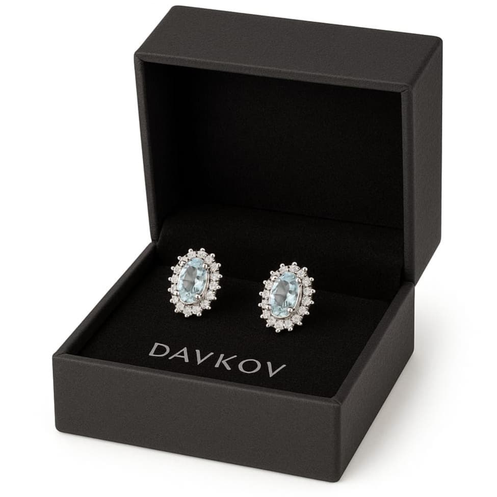 Обеци от бяло злато с диаманти и аквамарин